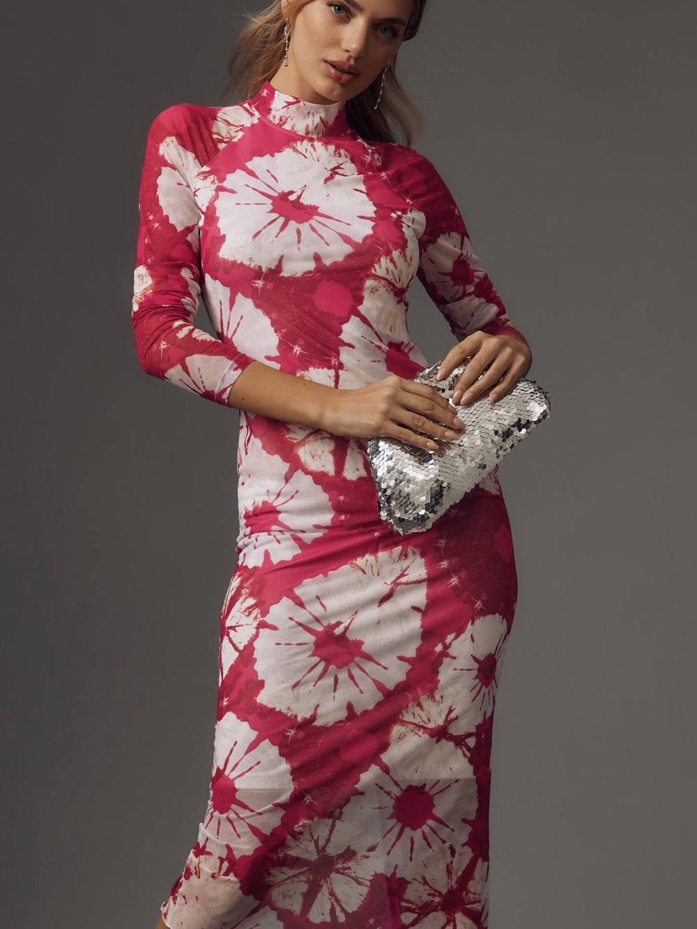 Anthropologie Pink and White Tie-Dye Long Sleeve Midi Dress